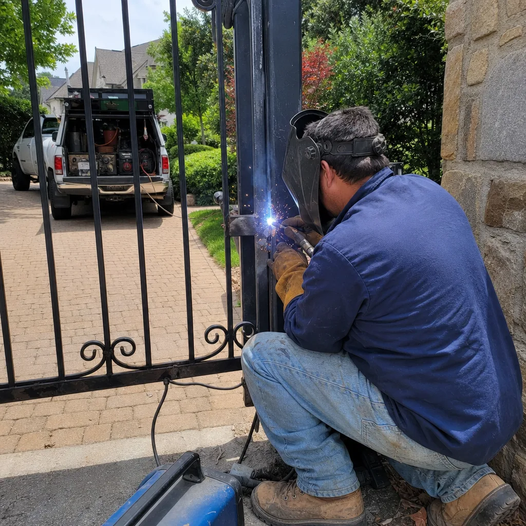 Professional welder performing gate repair services on an iron fence.