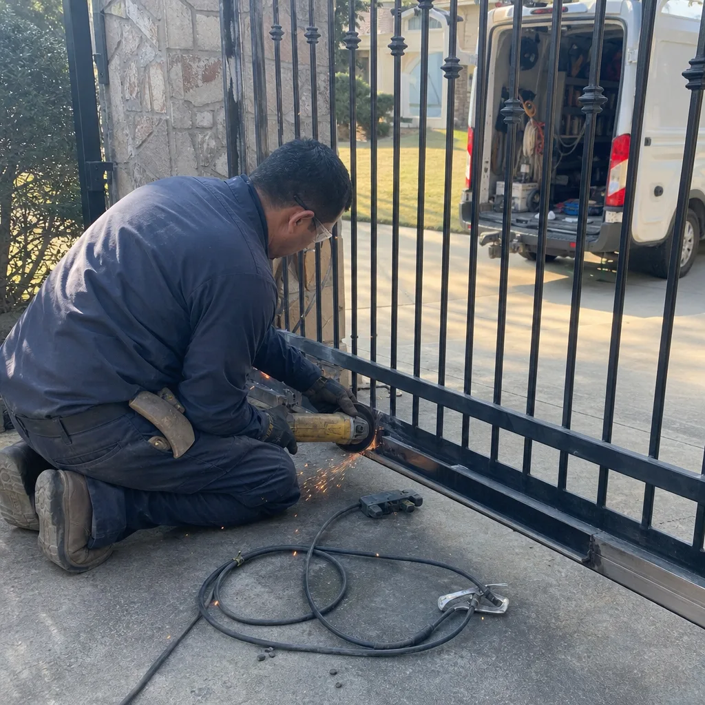 Technician using a grinder to perform metal gate repair services